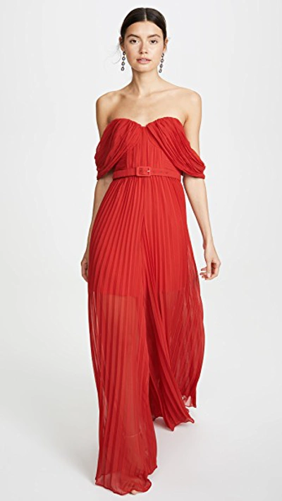 Shop Self-portrait Red Off Shoulder Jumpsuit In Dark Red