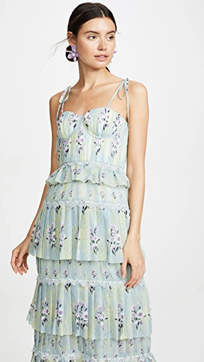 Shop Self-portrait Tiered Floral Lace Printed Dress In Mint