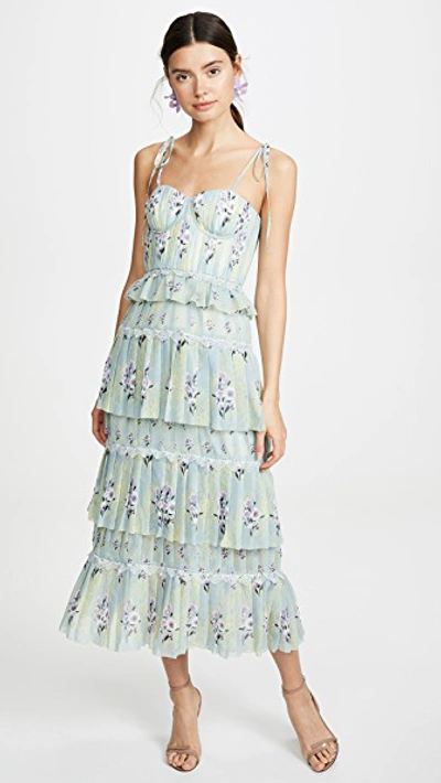 Shop Self-portrait Tiered Floral Lace Printed Dress In Mint