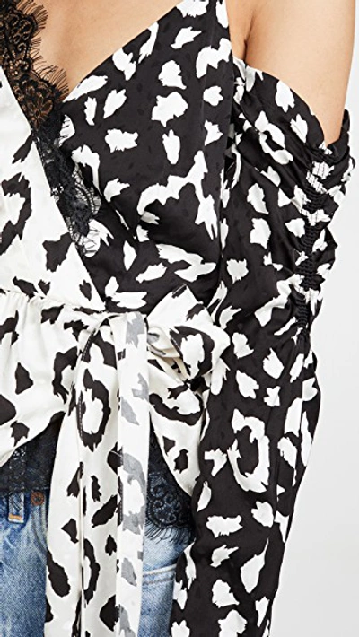 Shop Self-portrait Leopard Printed Wrap Top In Cream/black