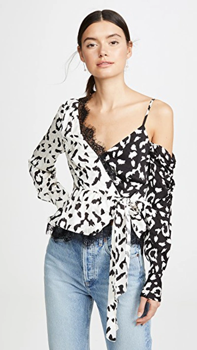 Shop Self-portrait Leopard Printed Wrap Top In Cream/black