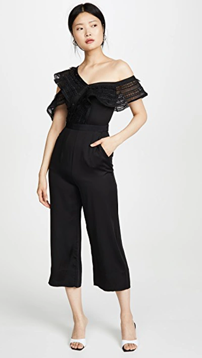 Shop Self-portrait One Shoulder Frilled Jumpsuit In Black