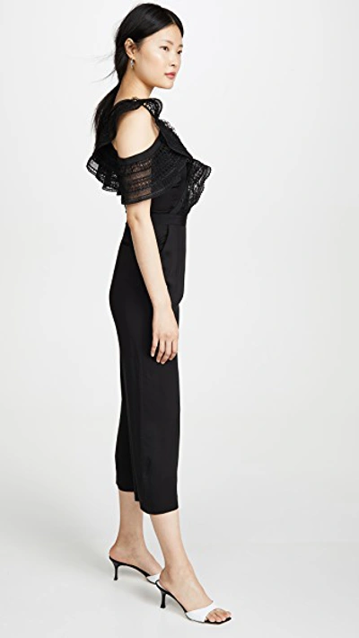 Shop Self-portrait One Shoulder Frilled Jumpsuit In Black