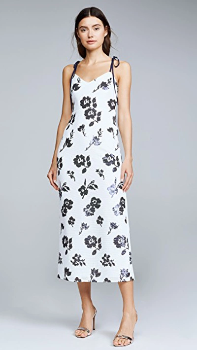 Shop Self-portrait Sleeveless Floral Sequin Midi Dress In Ivory/navy