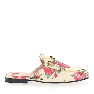 Shop Gucci Slipper Princetown Leather Beige Roses Print Horsebit-detail In White