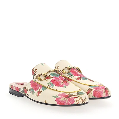 Shop Gucci Slipper Princetown Leather Beige Roses Print Horsebit-detail In White