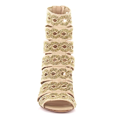 Shop Casadei Sandals Calfskin Textile Embroidery Beige Gold