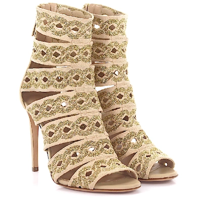 Shop Casadei Sandals Calfskin Textile Embroidery Beige Gold