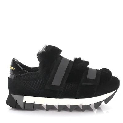 Shop Dolce & Gabbana Sneakers Leather Fur Details Black