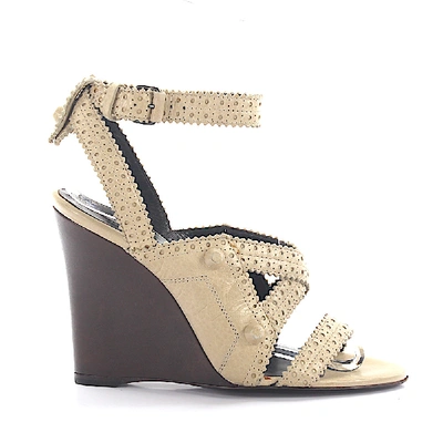 Shop Balenciaga Wedge Sandals Leather Beige Peekaboo Design