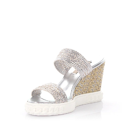 Shop Casadei Sandals Braided Leather Calfskin Rattan Smooth Leather Braiding Silver In Grey