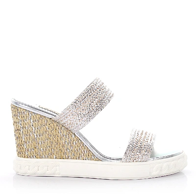 Shop Casadei Sandals Braided Leather Calfskin Rattan Smooth Leather Braiding Silver In Grey