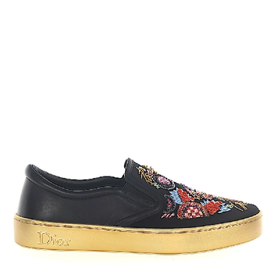 Shop Dior Sneakers Slip On Happy Leather Satin Black Embroidery Sequins Gold In Black,gold