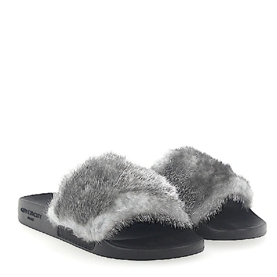 Shop Givenchy Sandals Mink Fur Rubber Fur Upper Logo Black Grey