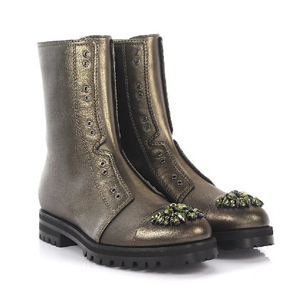 Shop Jimmy Choo Ankle Boots Combat Calfskin Crystal Ornament Green