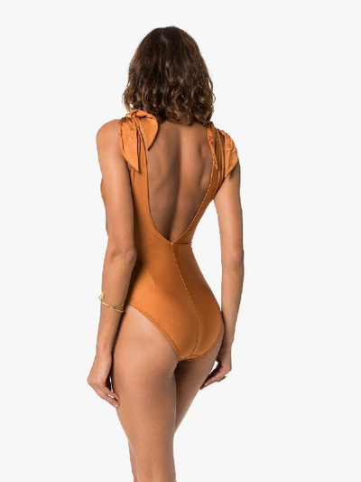 Shop Zimmermann Honour Deep V-neck Swimsuit In Brown