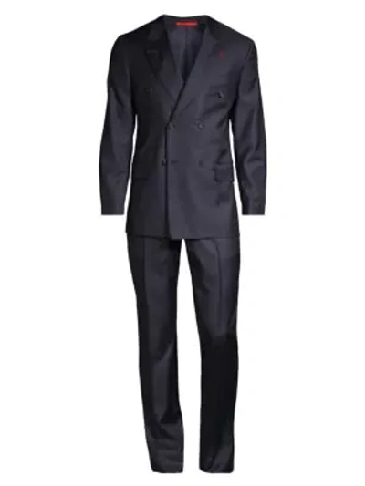 Shop Isaia Double-breasted Plaid Wool Suit In Navy