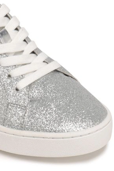 Shop Michael Michael Kors Woman Keaton Glittered Faux Leather Sneakers Silver