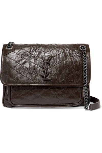 Shop Saint Laurent Niki Medium Quilted Crinkled Glossed-leather Shoulder Bag In Brown