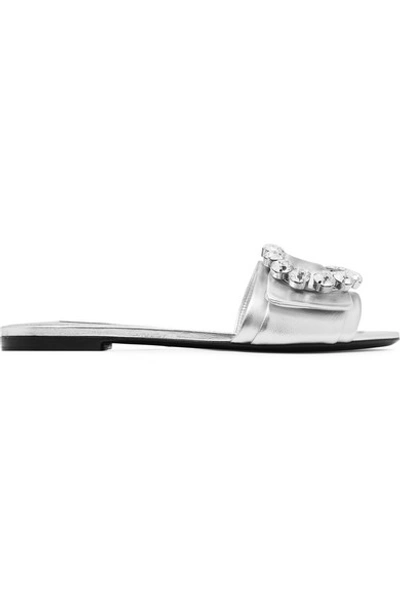 Shop Dolce & Gabbana Crystal-embellished Metallic Leather Slides In Silver