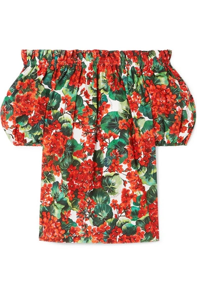 Shop Dolce & Gabbana Off-the-shoulder Floral-print Cotton-poplin Blouse In Red