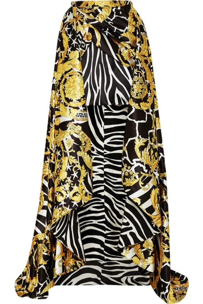 Shop Versace Asymmetric Printed Satin Skirt In Gold