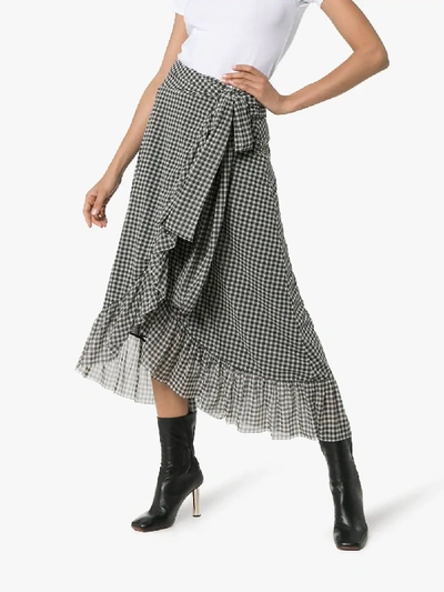 Shop Ganni Asymmetric Gingham Skirt In Black