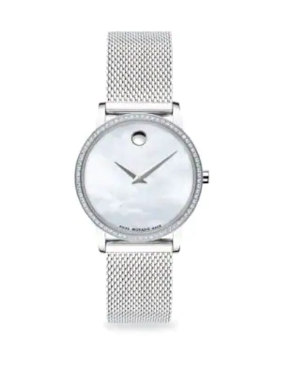 Shop Movado Women's Pavé Diamond Stainless Steel Mesh Bracelet Watch In Silver