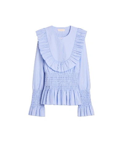 Shop Tory Burch Smocked Cotton Top In Sky Blue