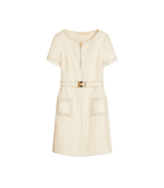 white linen shift dress