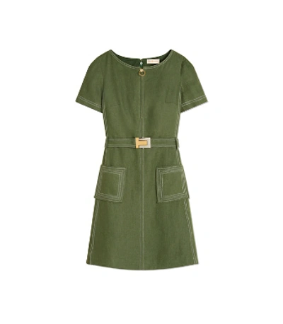 Shop Tory Burch Linen Shift Dress In Equestrian Green