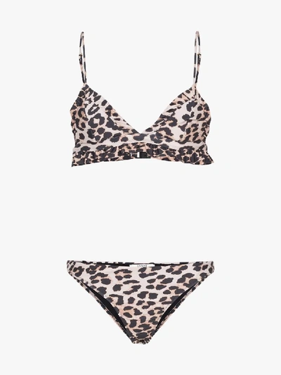 Shop Ganni Ruffled Leopard Print Bikini In Brown