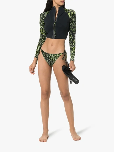 Shop Ganni Tiger Print Zip Bikini Top In Black