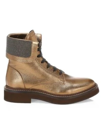 Shop Brunello Cucinelli Metallic Textured Leather Combat Boots In Gold