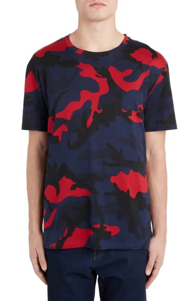 Shop Valentino Camo Print T-shirt In Marine/ Scarlet