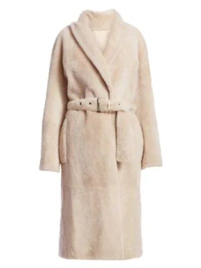 Shop Brunello Cucinelli Belted Lamb Shearling Velour Coat In Sand