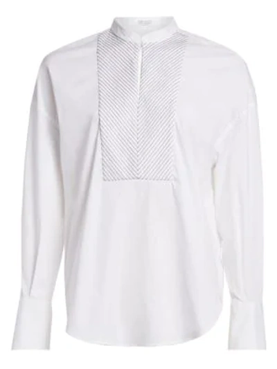 Shop Brunello Cucinelli Women's Embellished Chevron Bib Poplin Shirt In White