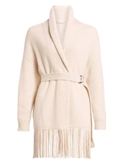 Shop Brunello Cucinelli Women's Ribbed Cashmere Belted Fringe Cardigan In Oatmeal