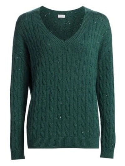 Shop Brunello Cucinelli Cashmere & Silk Paillette Cable Knit Jumper In Ivy