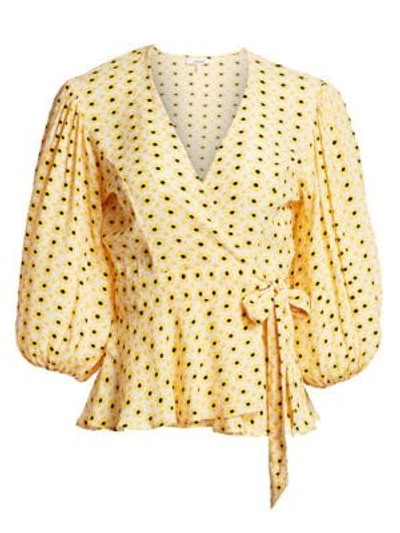 Ganni Printed Crepe Wrap Top In Maize In Yellow | ModeSens