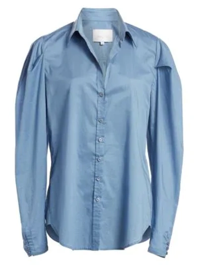 Shop Johanna Ortiz Debajo Del Mar Puff Sleeve Button-down Shirt In Husband Blue