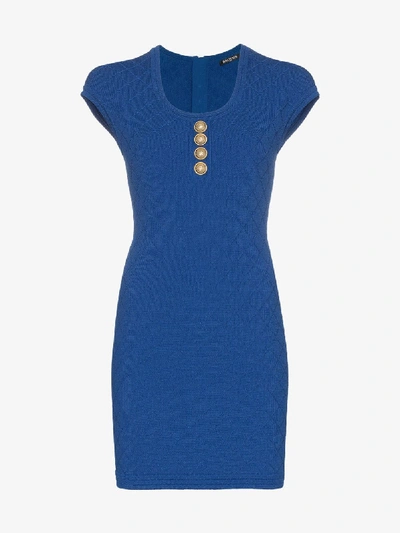 Shop Balmain Buttoned Knit Mini Dress In 6uf Blue
