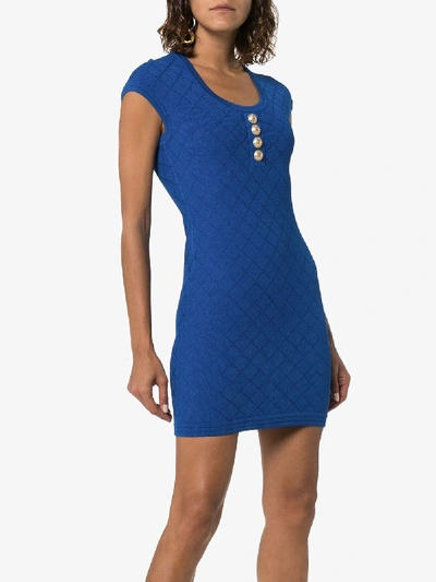 Shop Balmain Buttoned Knit Mini Dress In 6uf Blue