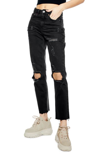 black ripped straight leg jeans