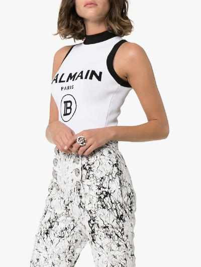 Shop Balmain Logo Intarsia Sleeveless Bodysuit In White