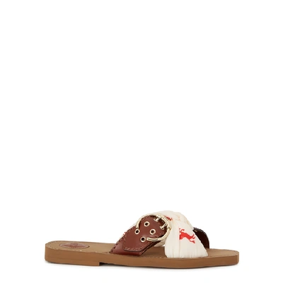 Shop Chloé Woody Brown Leather Sandals In White