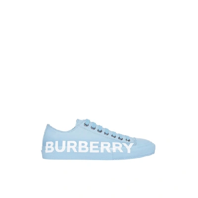 Shop Burberry Logo Print Cotton Gabardine Sneakers In Blue Overdyed