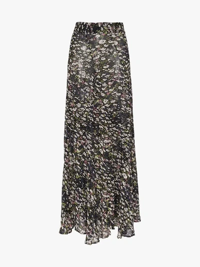 Shop Ganni Floral Print Frilled Hem Maxi Skirt In Black