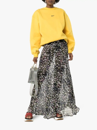 Shop Ganni Floral Print Frilled Hem Maxi Skirt In Black