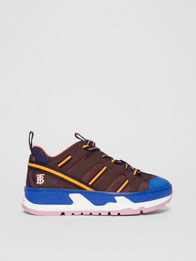 Shop Burberry Nylon And Mesh Union Sneakers In Coffee/blue